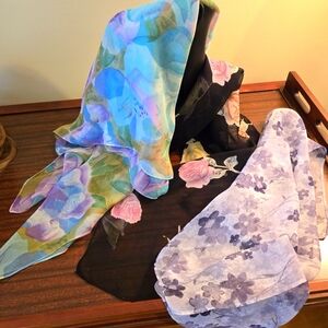 Three Sheer Woman's Scarfs, 2 Square, 1 Rectangle, Pastel & Neutral Colors